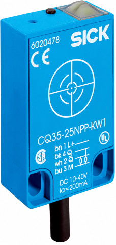 CQ35-25NPP-KW1, SICK, hranatý kapacitní snímač, 4–25mm, PNP, kabel 2m
